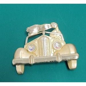 Vintage Car Pin Brooch Crystal Headlights Convertible  AJC Girl Long Hair Signed
